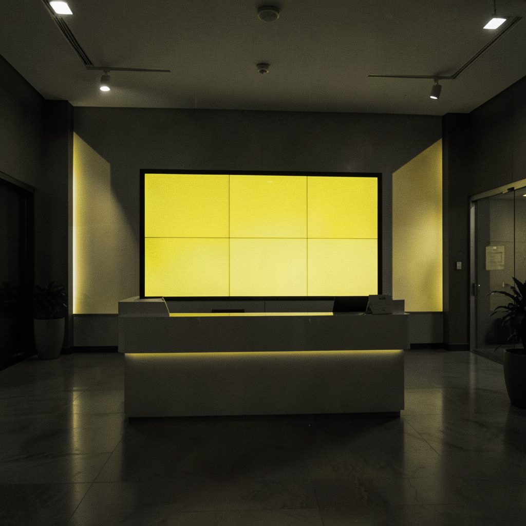 صورة ثنائية اللون لشاشة LED داخل فرع بنك، ألوان داكنة مع تباين أصفر أنيق